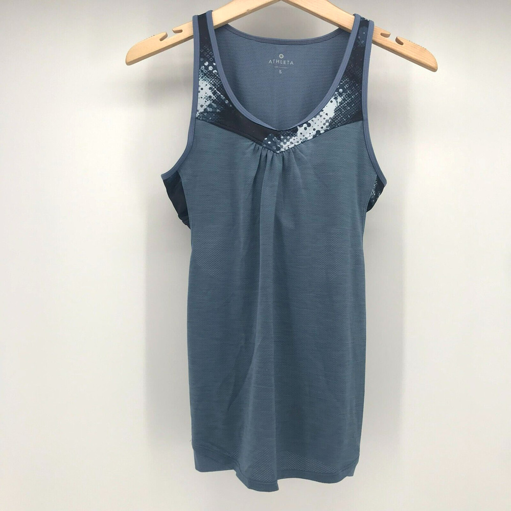 Athleta Tank Womens Small Blue Racerback Attached Bra Round Neck Open Sides